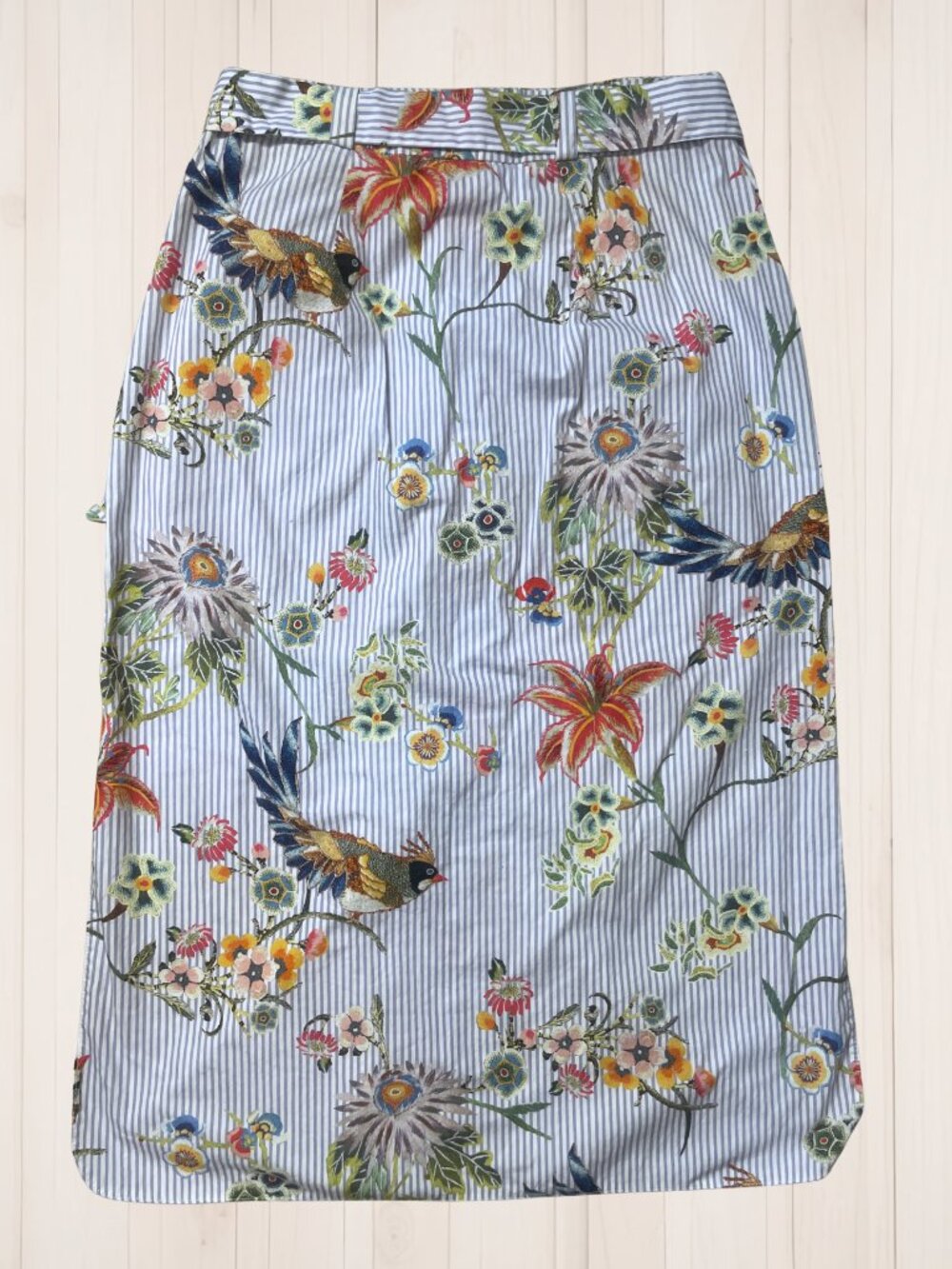 River Island Floral Bird Striped Midi Skirt Button-Front Tie-Waist Cotton Sz 4 - Picture 3 of 6